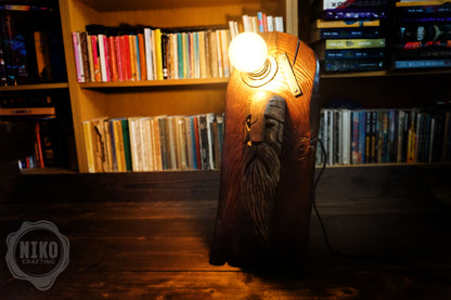 Handmade Wooden Viking Lamp – Pine Wood Base and Lime Wood Sculpture – Hand Carved