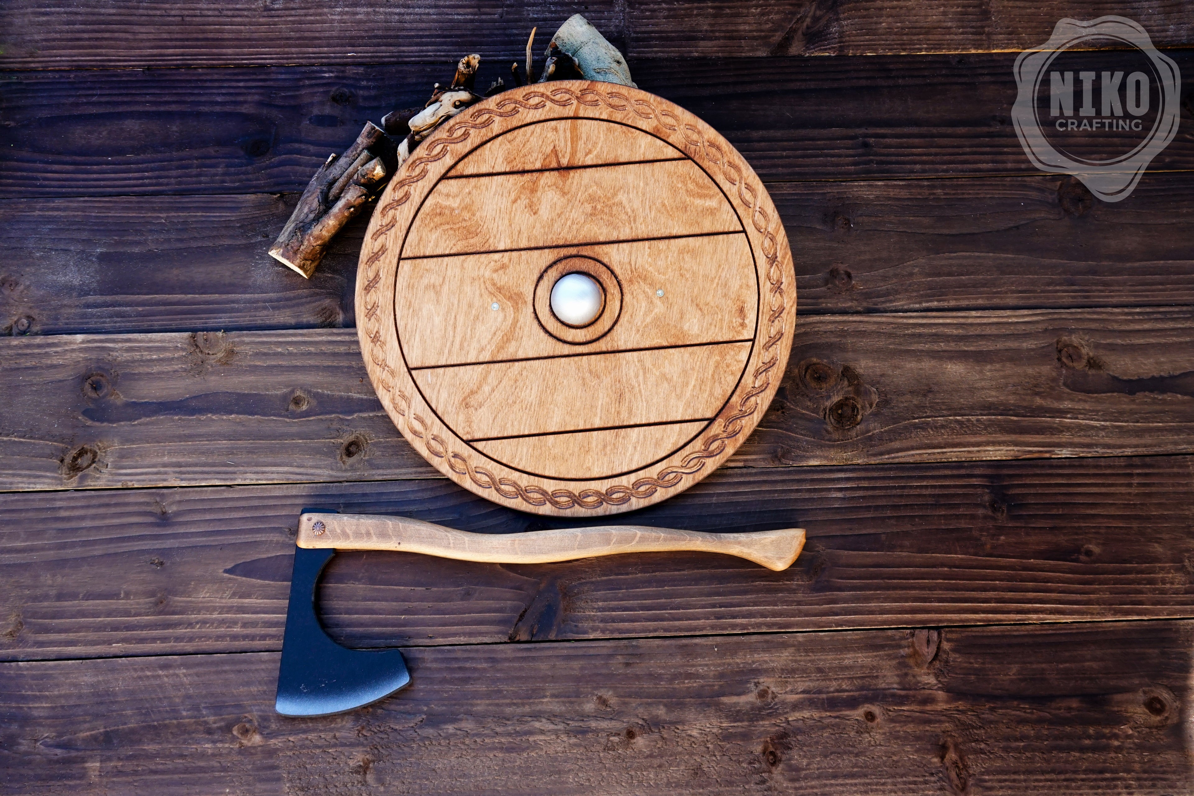 Wooden Viking Axe and Round Shield - Handmade Personalised Toy