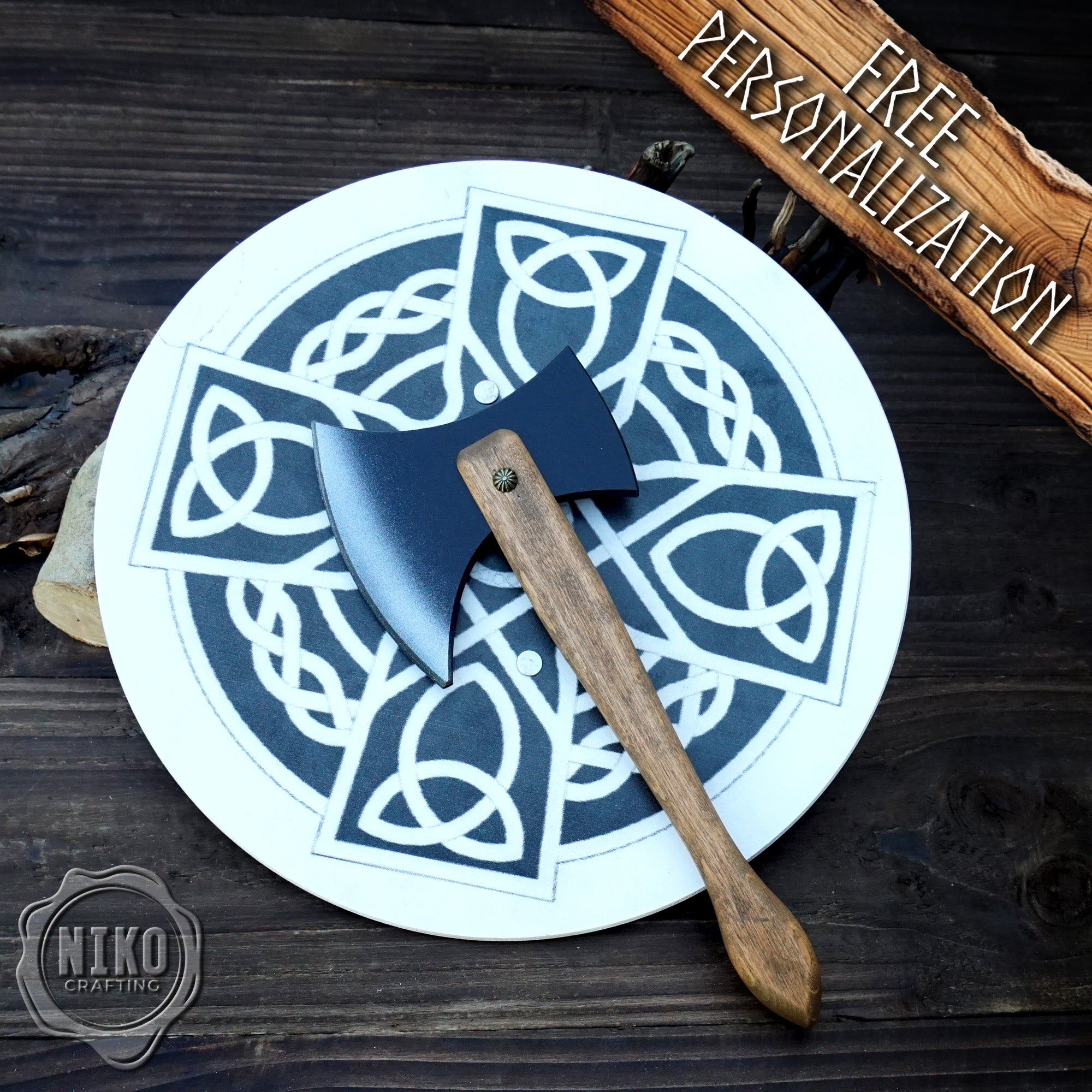 Wooden Small Toy Axe and Celtic cross Shield - Handmade, Personalised gift