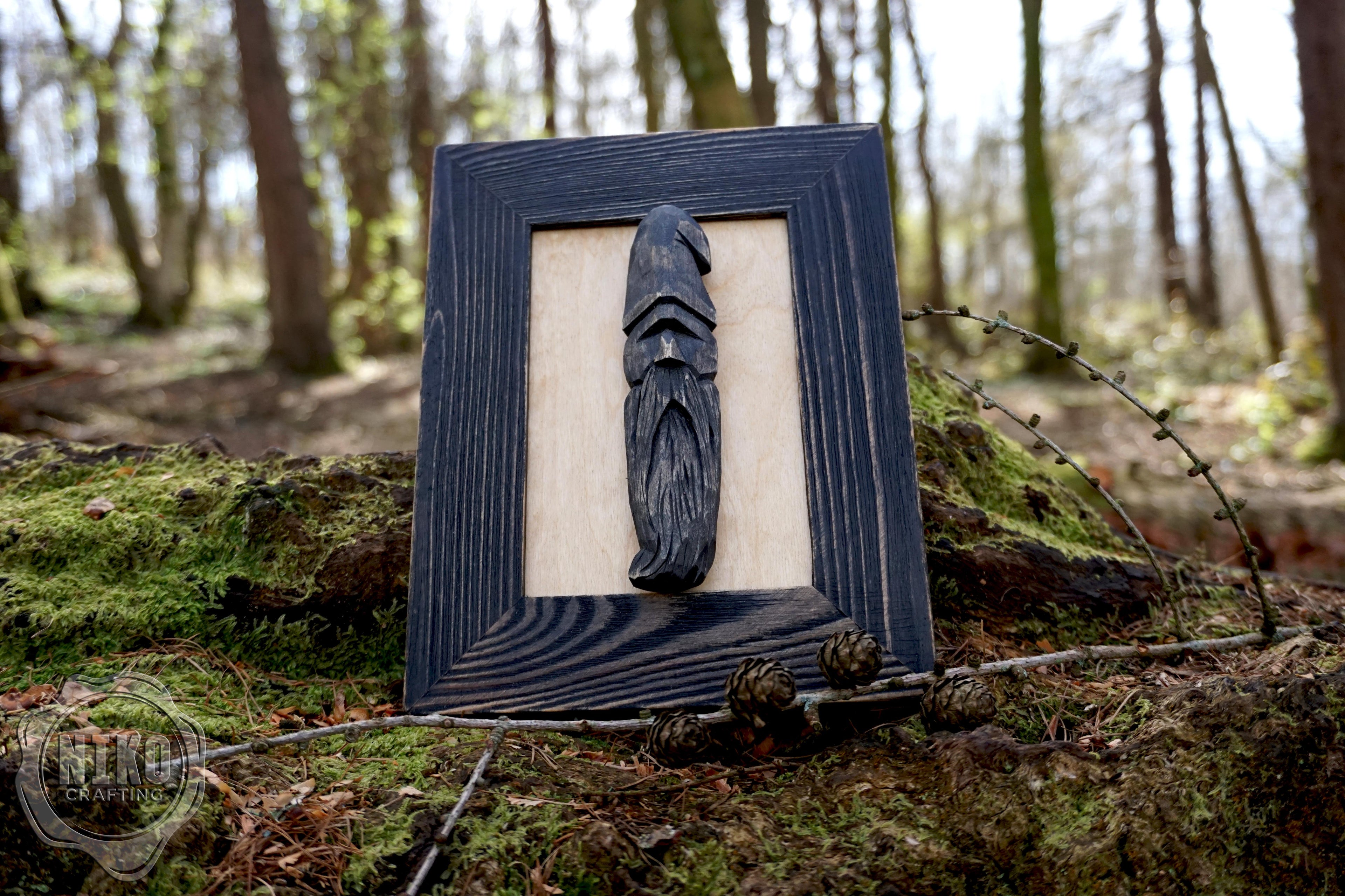 Hand - Carved Viking in Frame - Personalized Rustic Home Decoration – Handmade Wal Art - Black