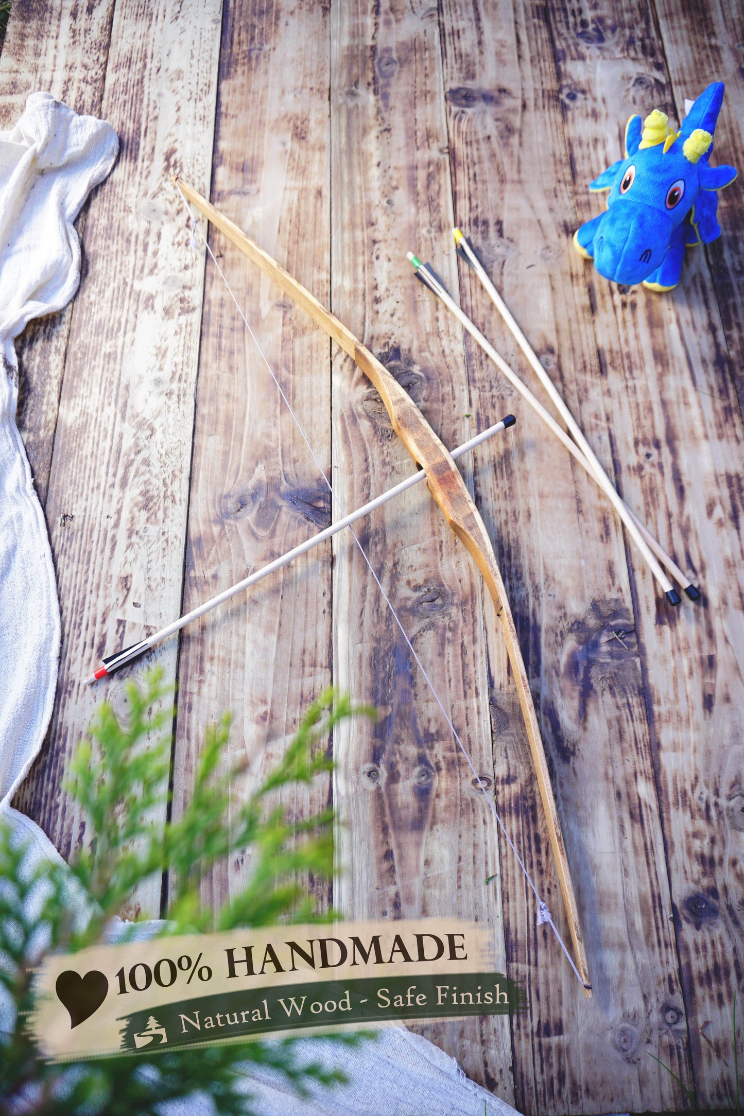 Handmade Wooden Large Bow with Arrows: Medieval Outdor Play - Personalized Gift
