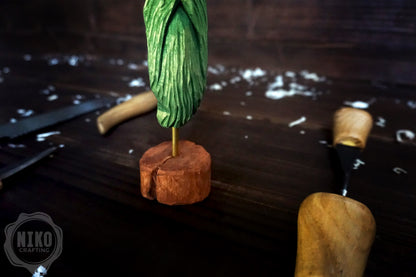 Hand-Carved Bearded Viking- Whittled Standing Figurine. Personalised Green Viking in Hat