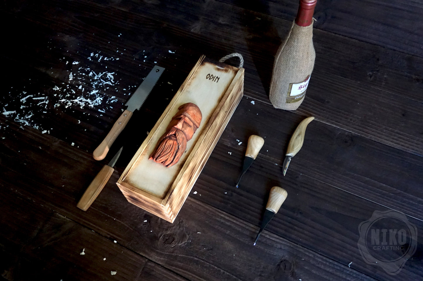 Handmade Wooden Wine Box - Carved Odin on Sliding Lid. Personalized Viking Gift - Chest with Rope Handle & Pyrography.