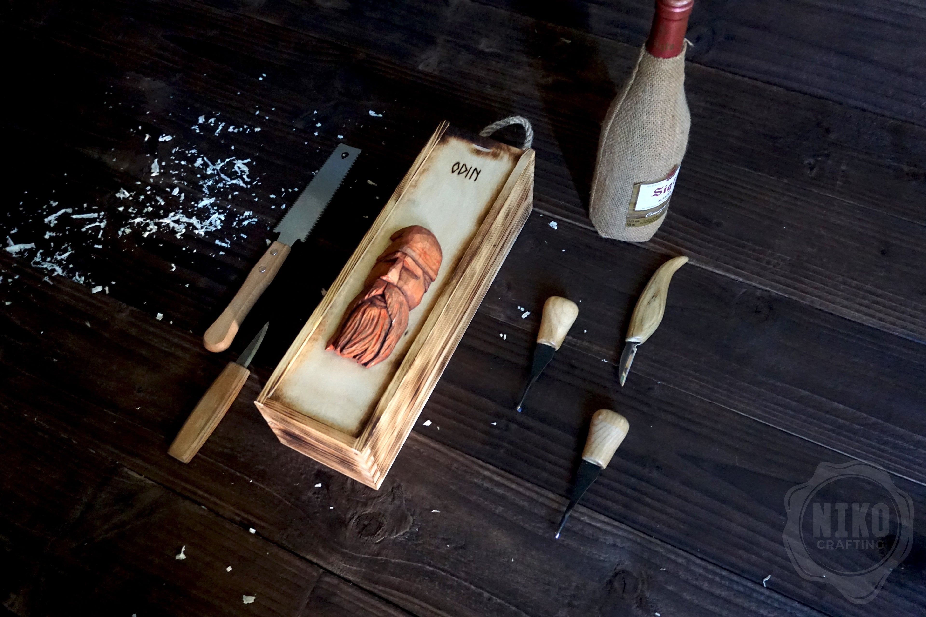 Handmade Wooden Wine Box - Carved Odin on Sliding Lid. Personalized Viking Gift - Chest with Rope Handle & Pyrography.