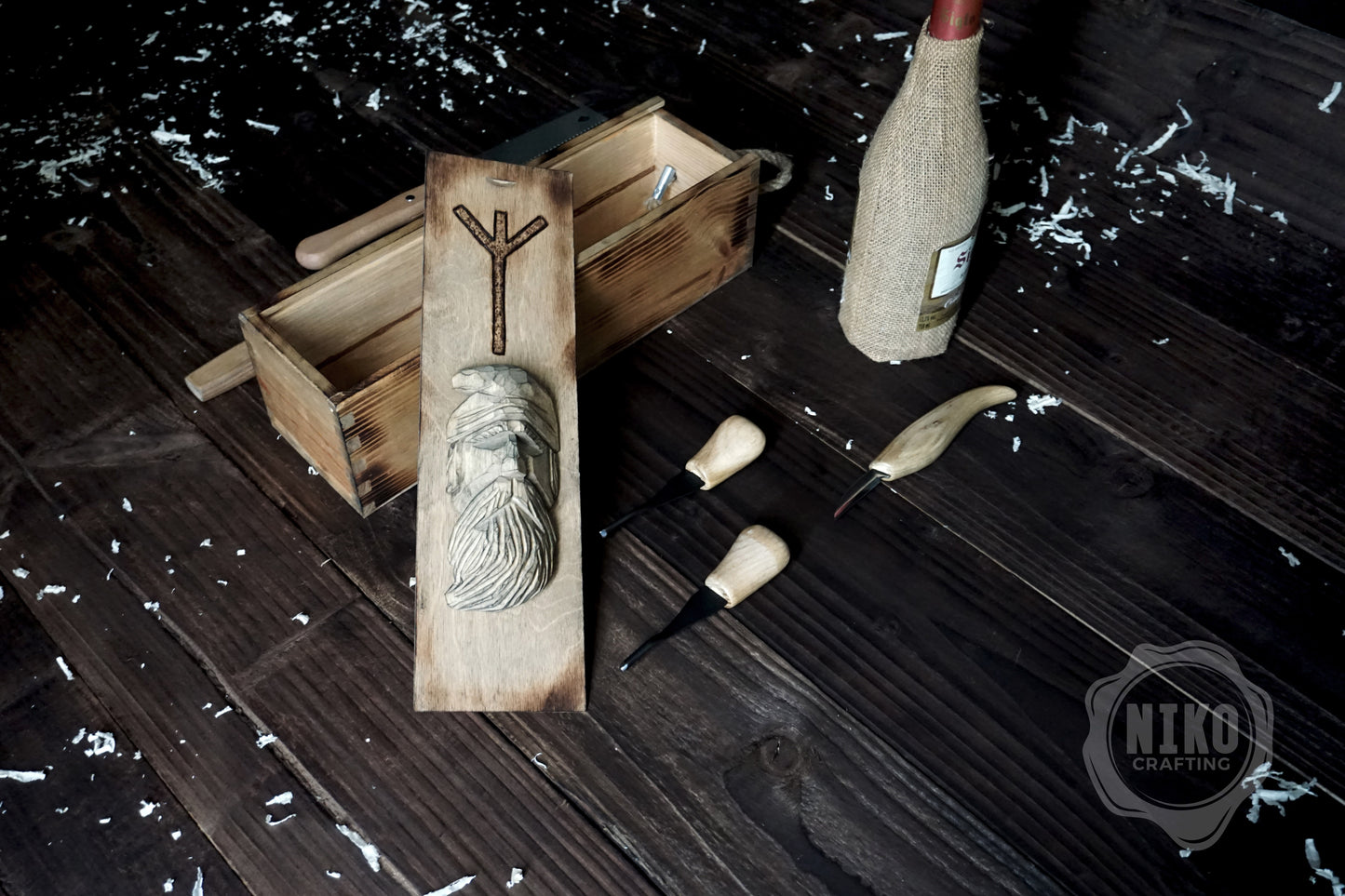 Handmade Wooden Wine Box - Carved Viking on Sliding Lid. Personalized Chest with Handle & Pyrography Rune of Protection