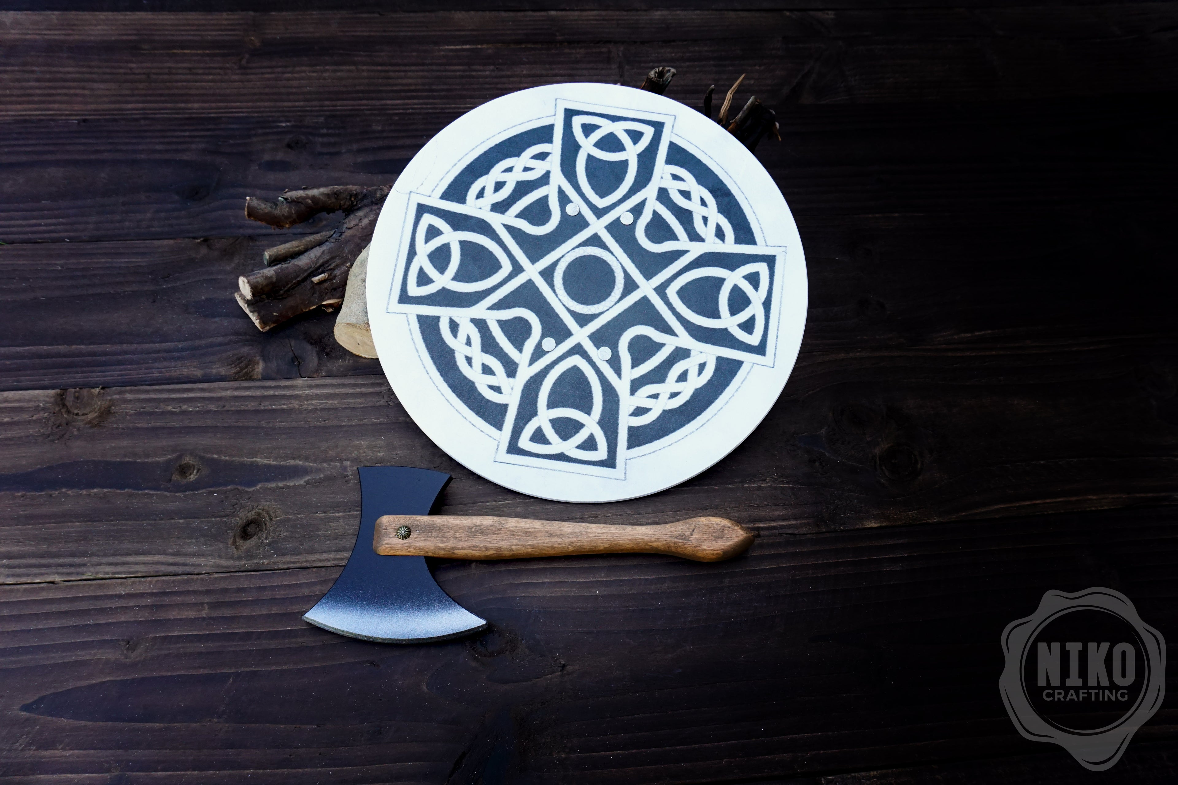 Wooden Small Toy Axe and Celtic cross Shield - Handmade, Personalised gift