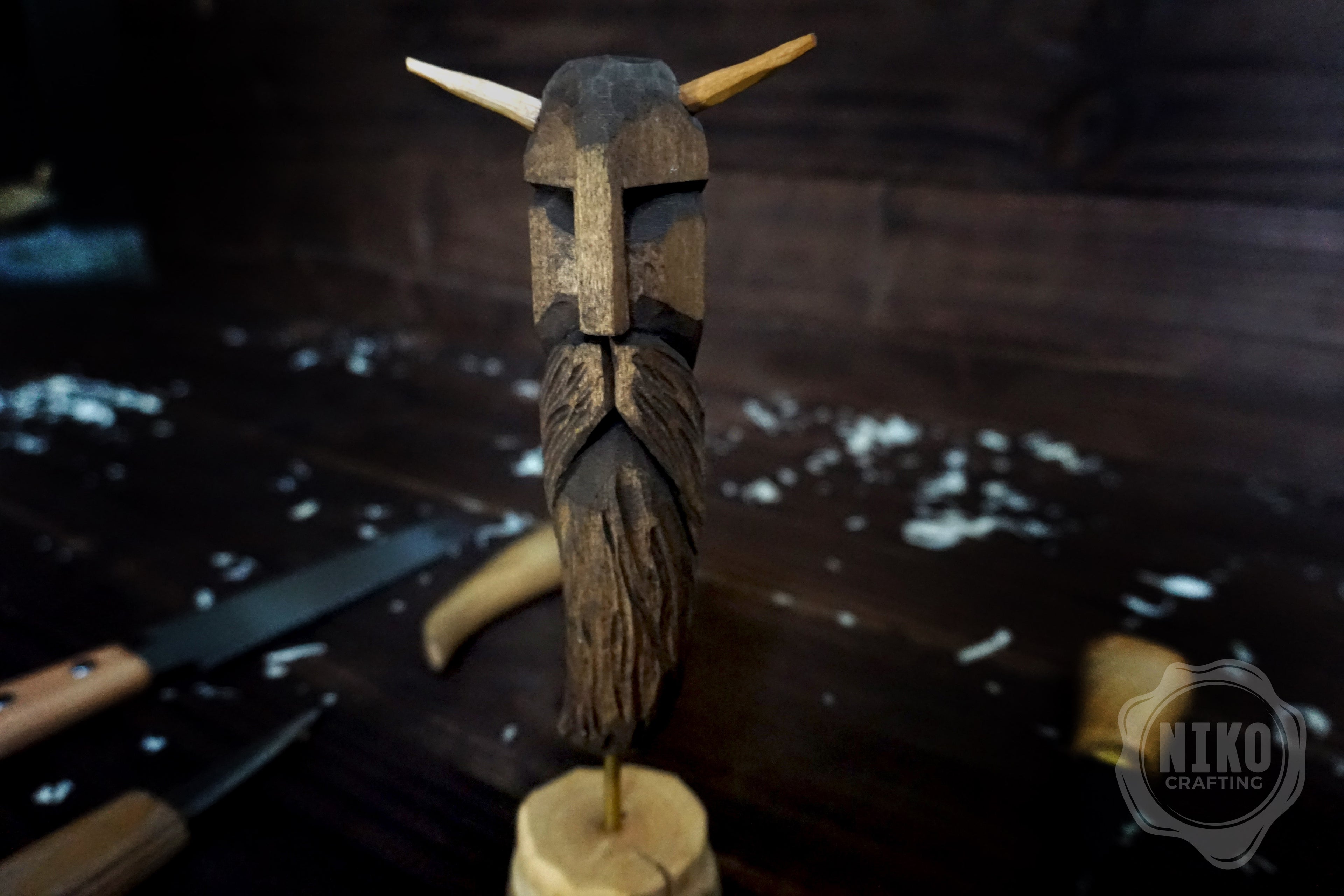 Hand-Carved Bearded Viking in Helmet with Horns - Whittled Standing Figurine. Personalised Gift