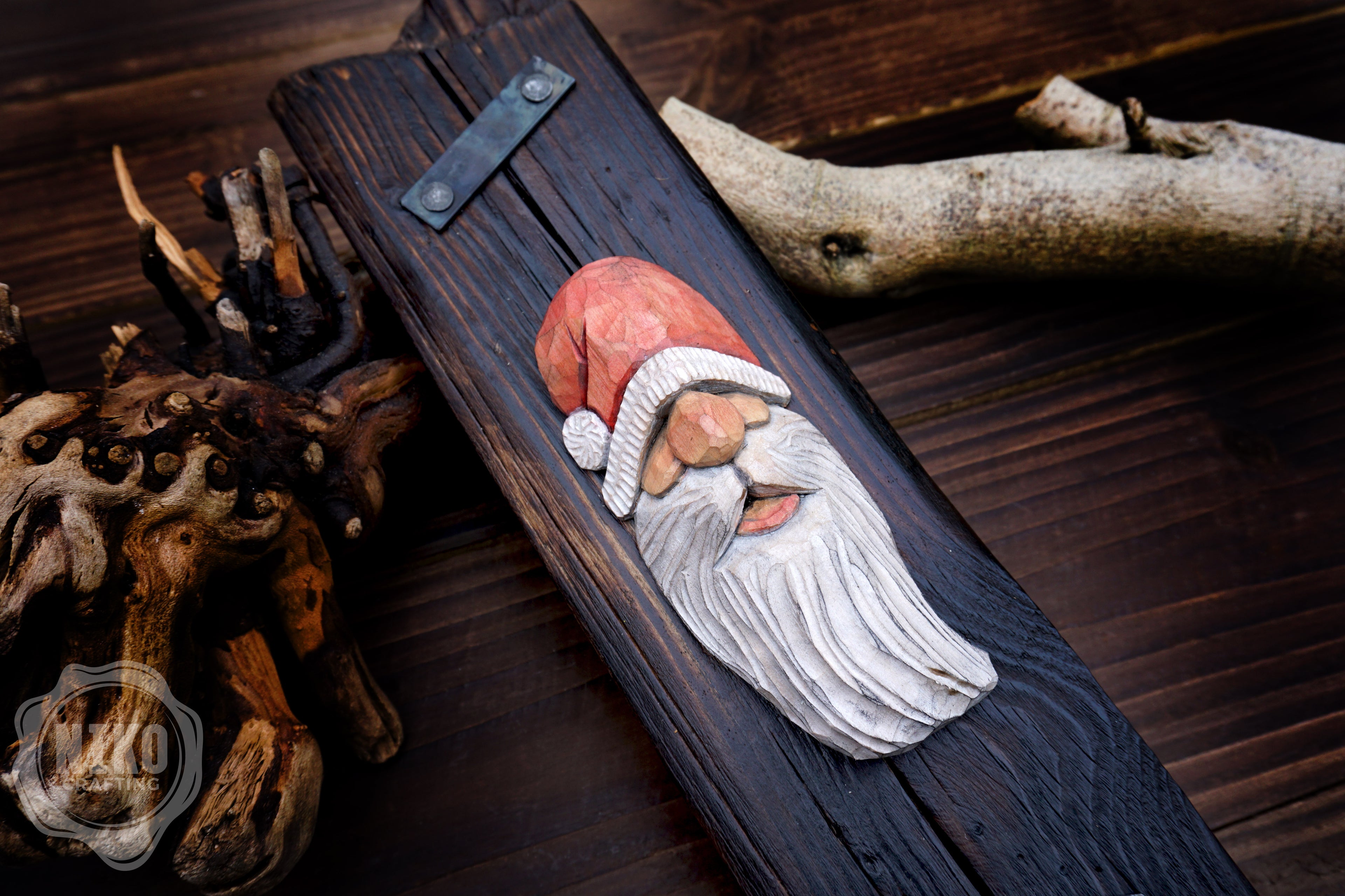 Hand-Carved Santa Claus Wall Art- Rustic Christmas Decoration. Personalised gift- B