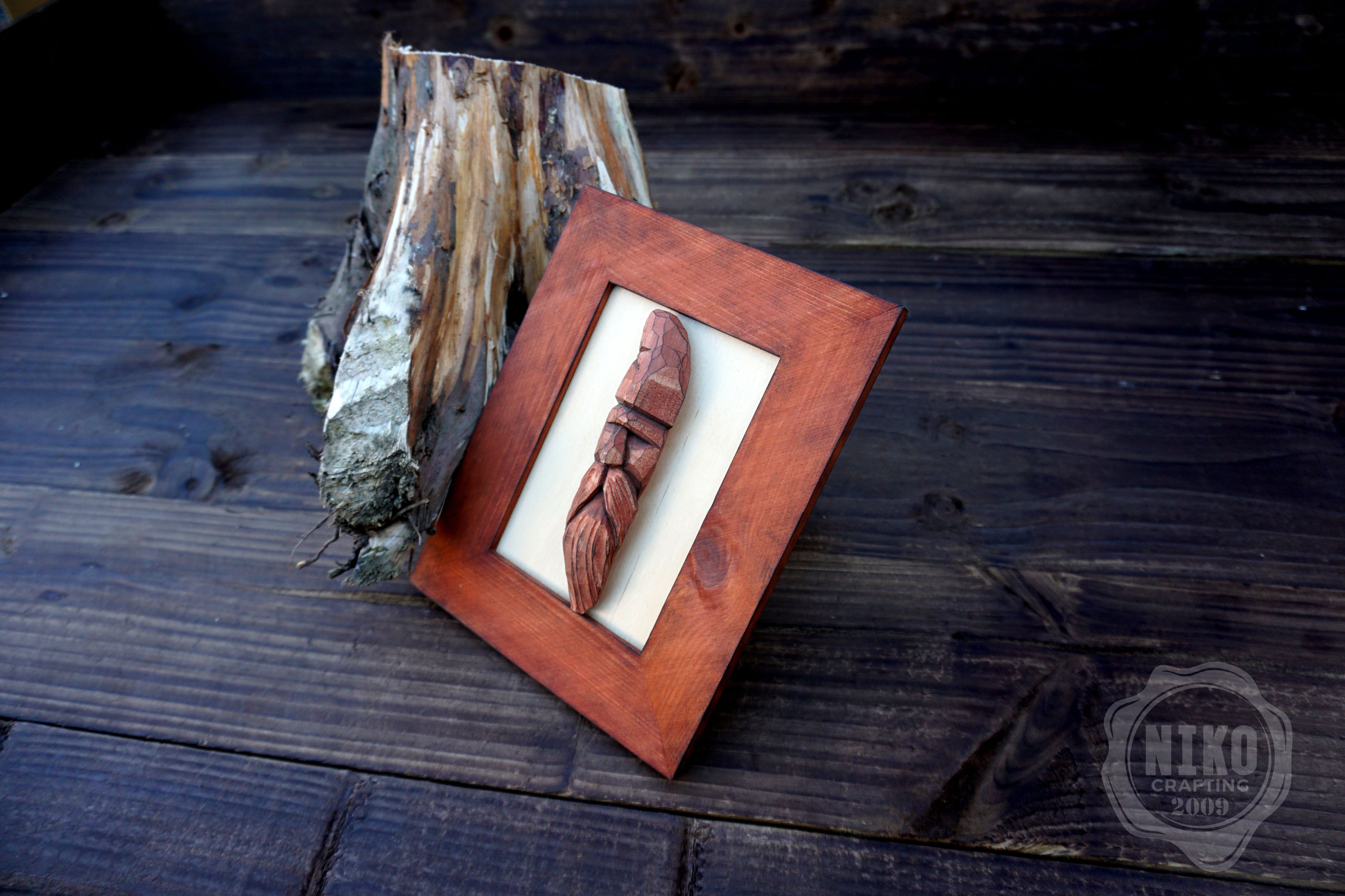 Hand Carved Viking in Frame - Personalized Rustic Home Decoration – Handmade Wal Art - Red/Brown