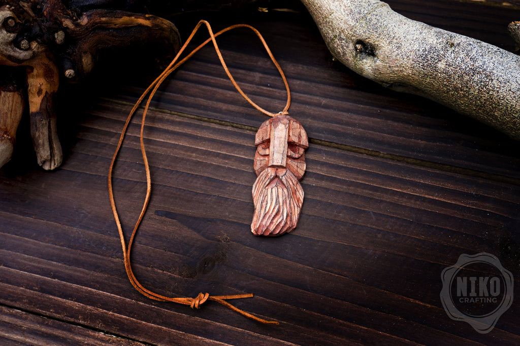 Hand-Carved Viking Pendant - Norse Jewellery. Wooden Necklace on Leather Cord - Personalized whittling gift.