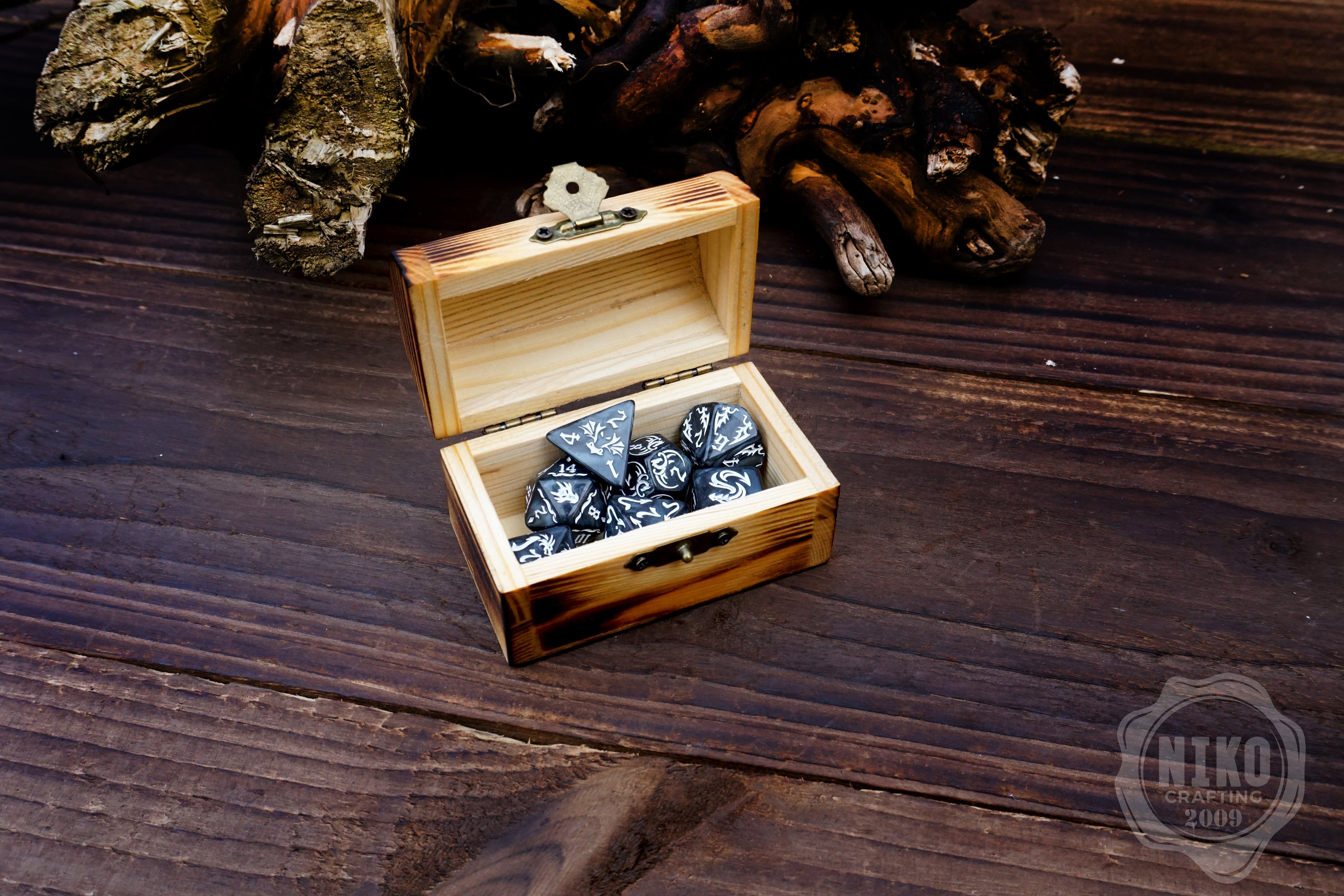 DnD Dice in Wooden Box - Pyrography: Thor Hammer - Hand-made, Personalized Dungeons and dragons Gift