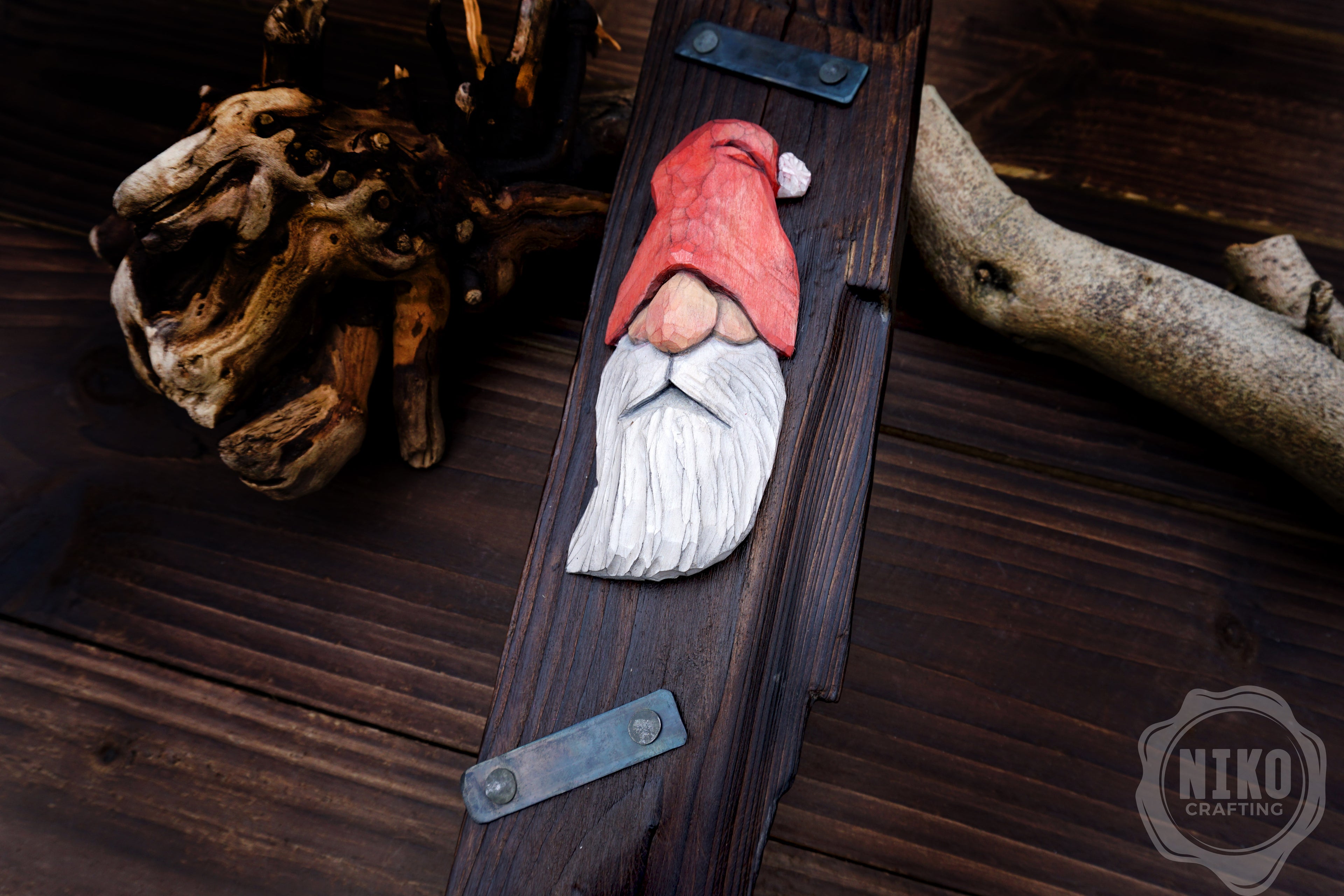 Hand-Carved Santa Claus Wall Art- Rustic Christmas Decoration. Personalised gift - C