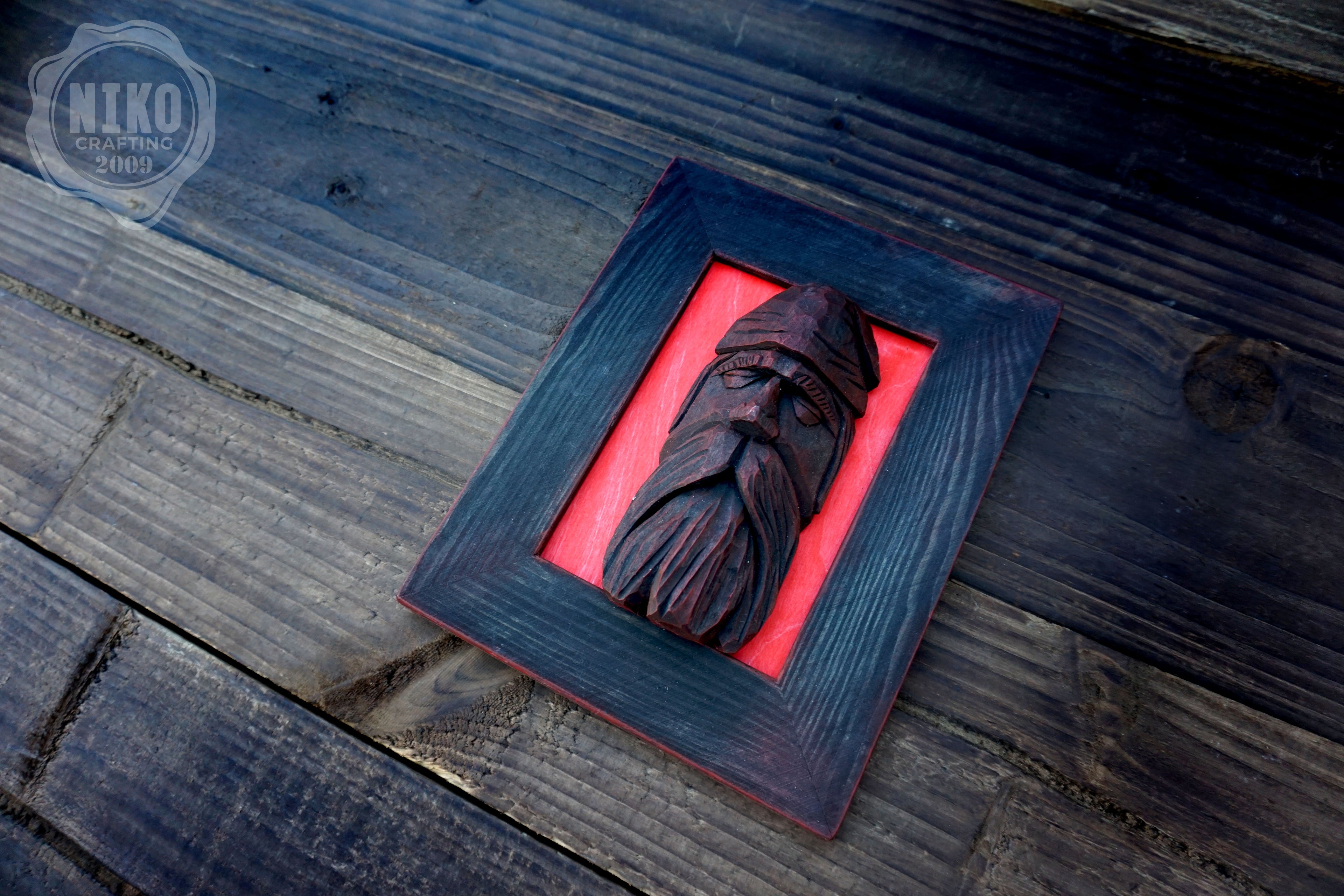 Hand Carved Black Viking in Frame - Personalized Rustic Home Decoration