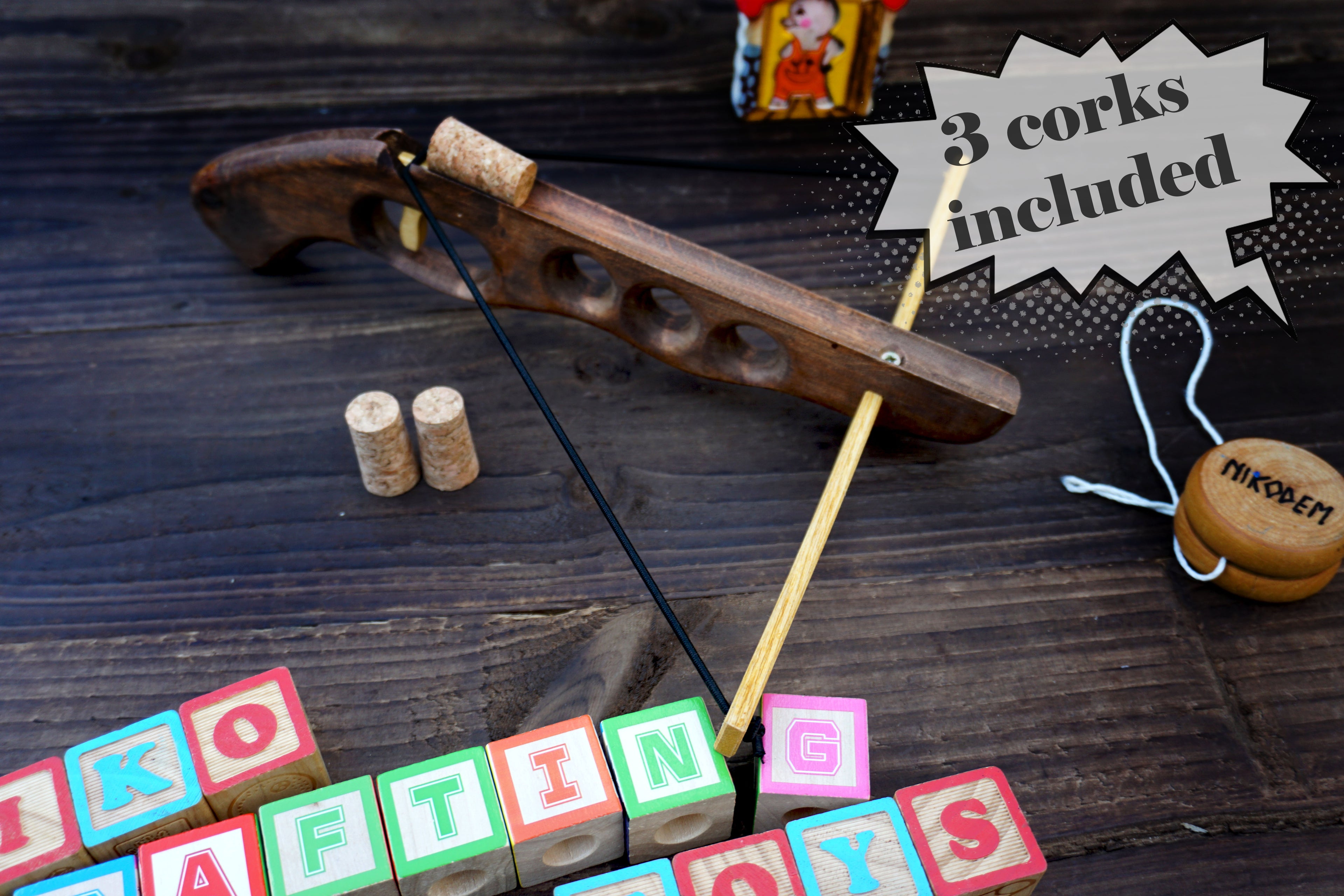 Wooden Cork-Crossbow and 3 corck: Handmade, Personalised Gift toy