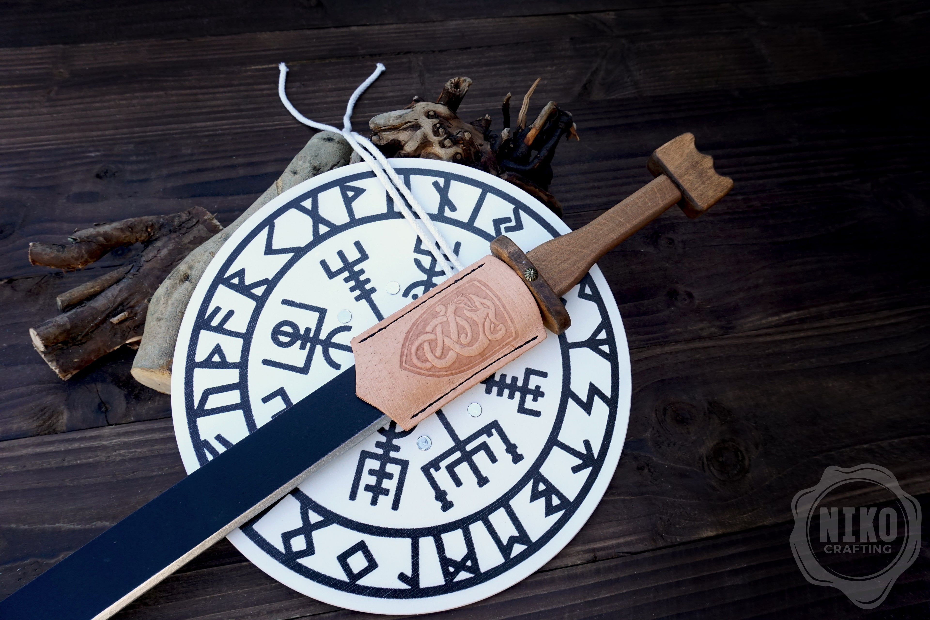 Wooden Viking Toy Sword (langsax) and Shield Set (Vegvisir): Handmade Personalised gift