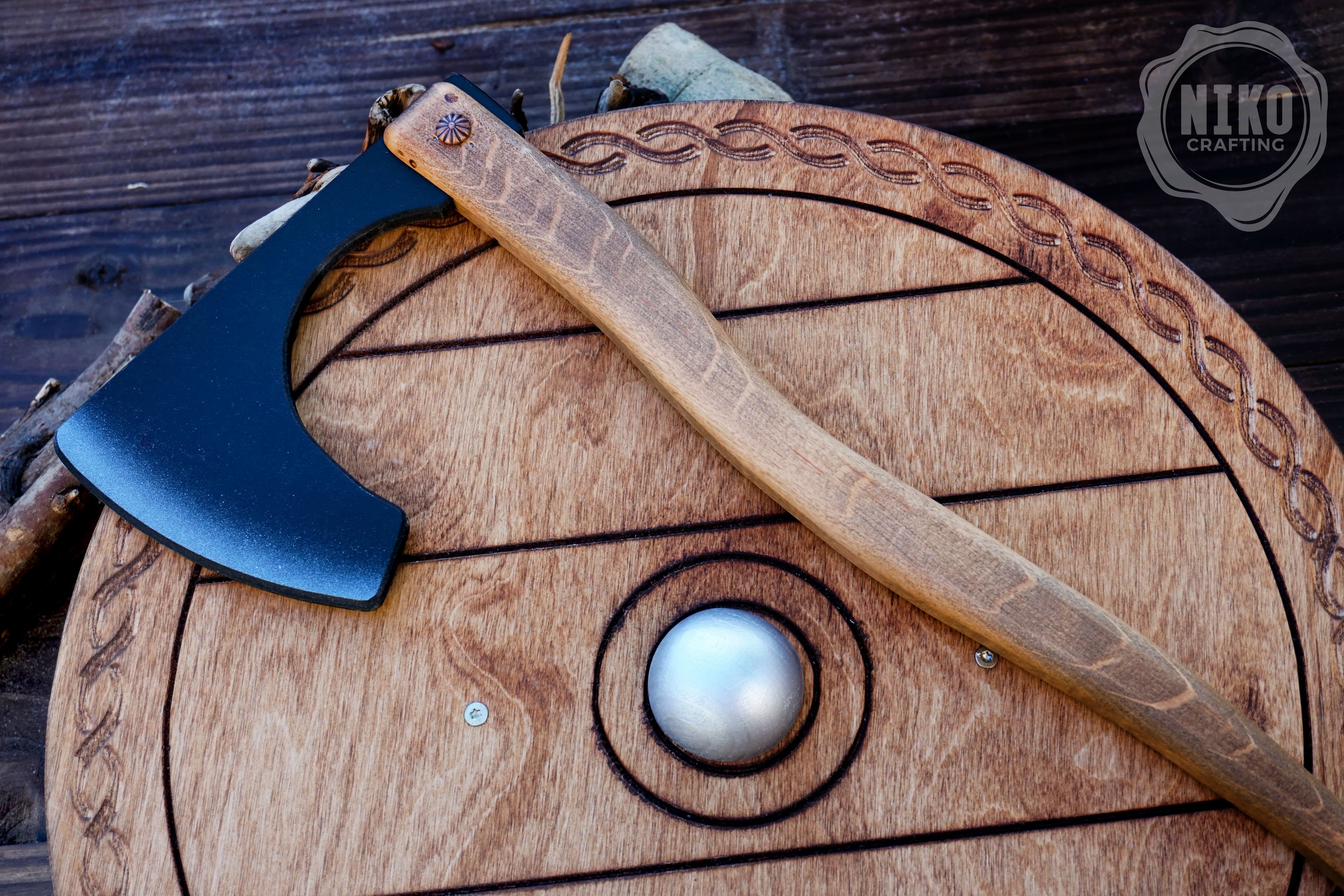 Wooden Viking Axe and Round Shield - Handmade Personalised Toy