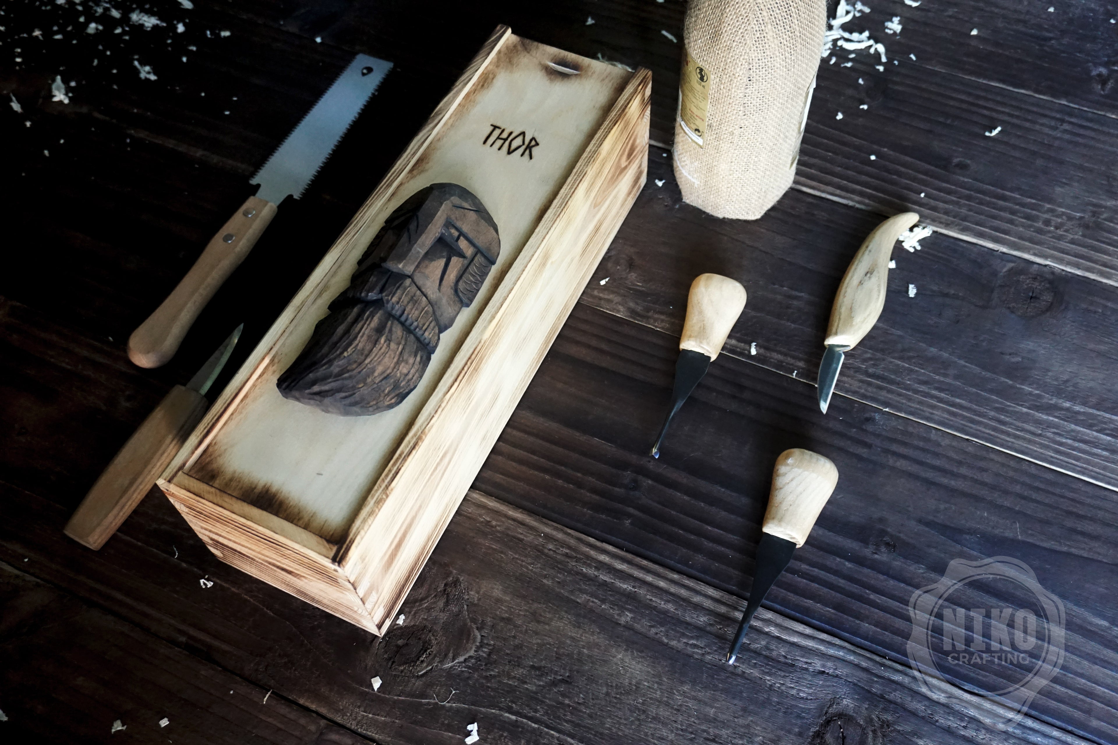 Handmade Wooden Wine Box - Carved Thor on Sliding Lid. Personalized Viking Gift - Chest with Rope Handle & Pyrography