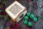 Personalised DnD Dice Set with Pyrography Wooden Box -  Viking Knot Design