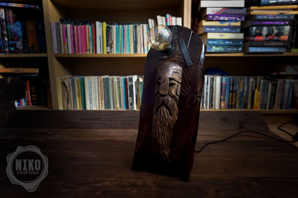 Handmade Wooden Viking Lamp – Pine Wood Base and Lime Wood Sculpture – Hand Carved