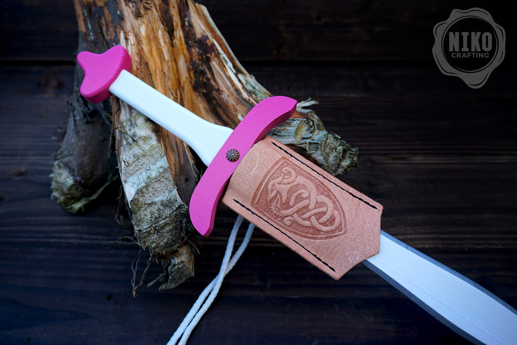 Pink Wooden Toy Sword with Leather Scabbard: Handmade, Personalised Gift