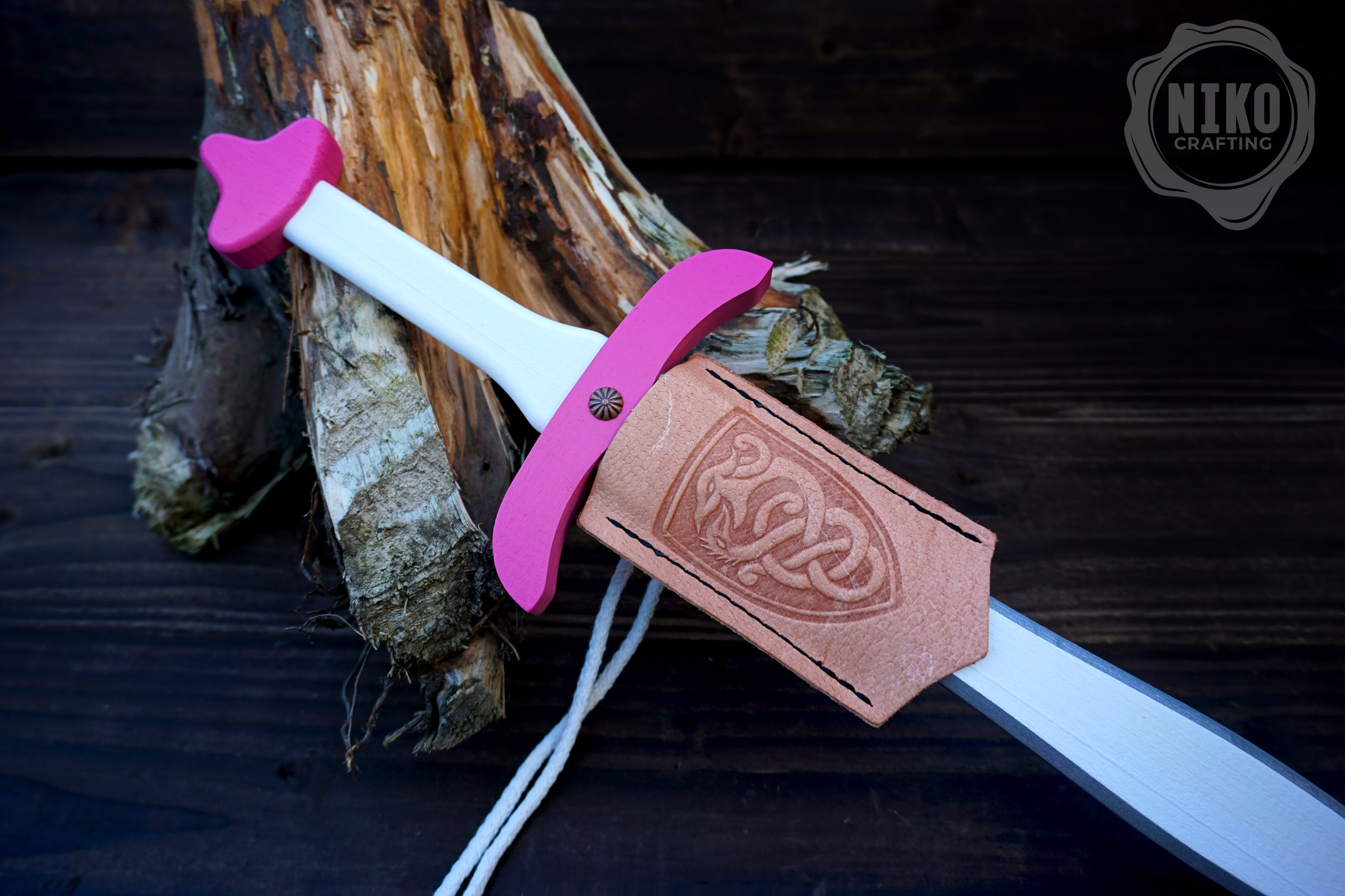 Pink Wooden Toy Sword with Leather Scabbard: Handmade, Personalised Gift