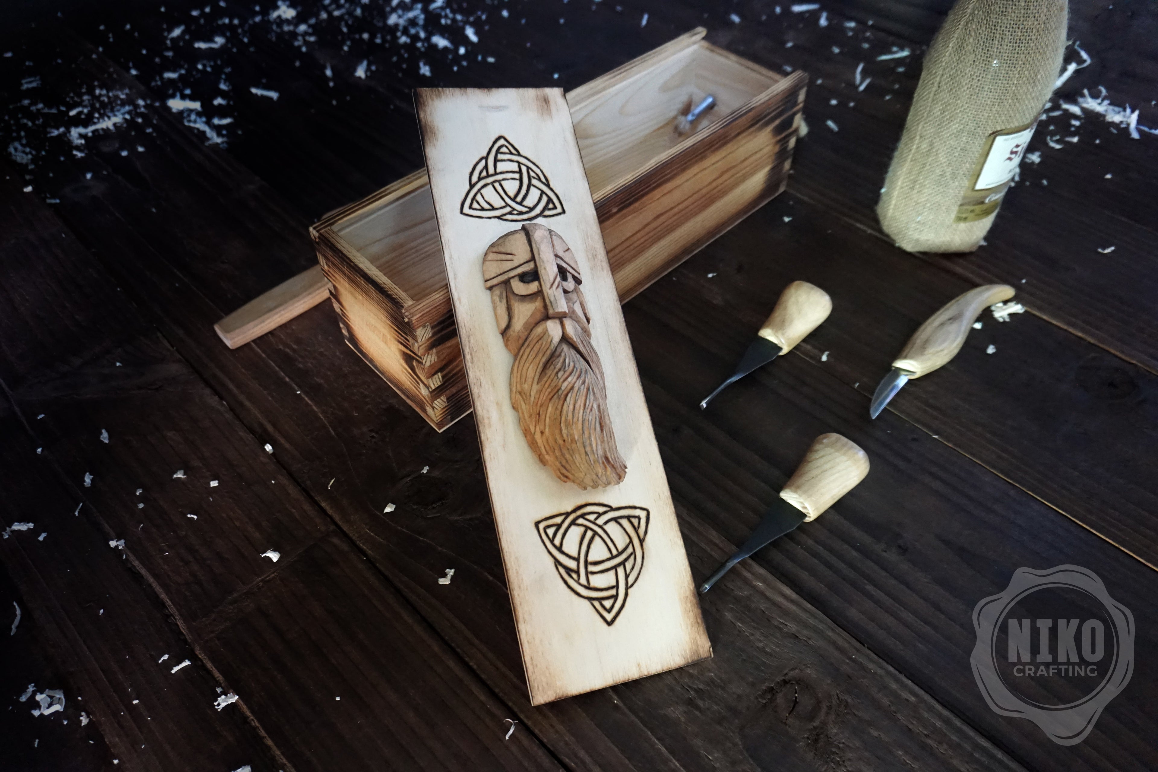 Handmade Wooden Wine Box - Carved Viking Warrior on Sliding Lid. Personalized Gift - Chest with Rope Handle & Pyrography