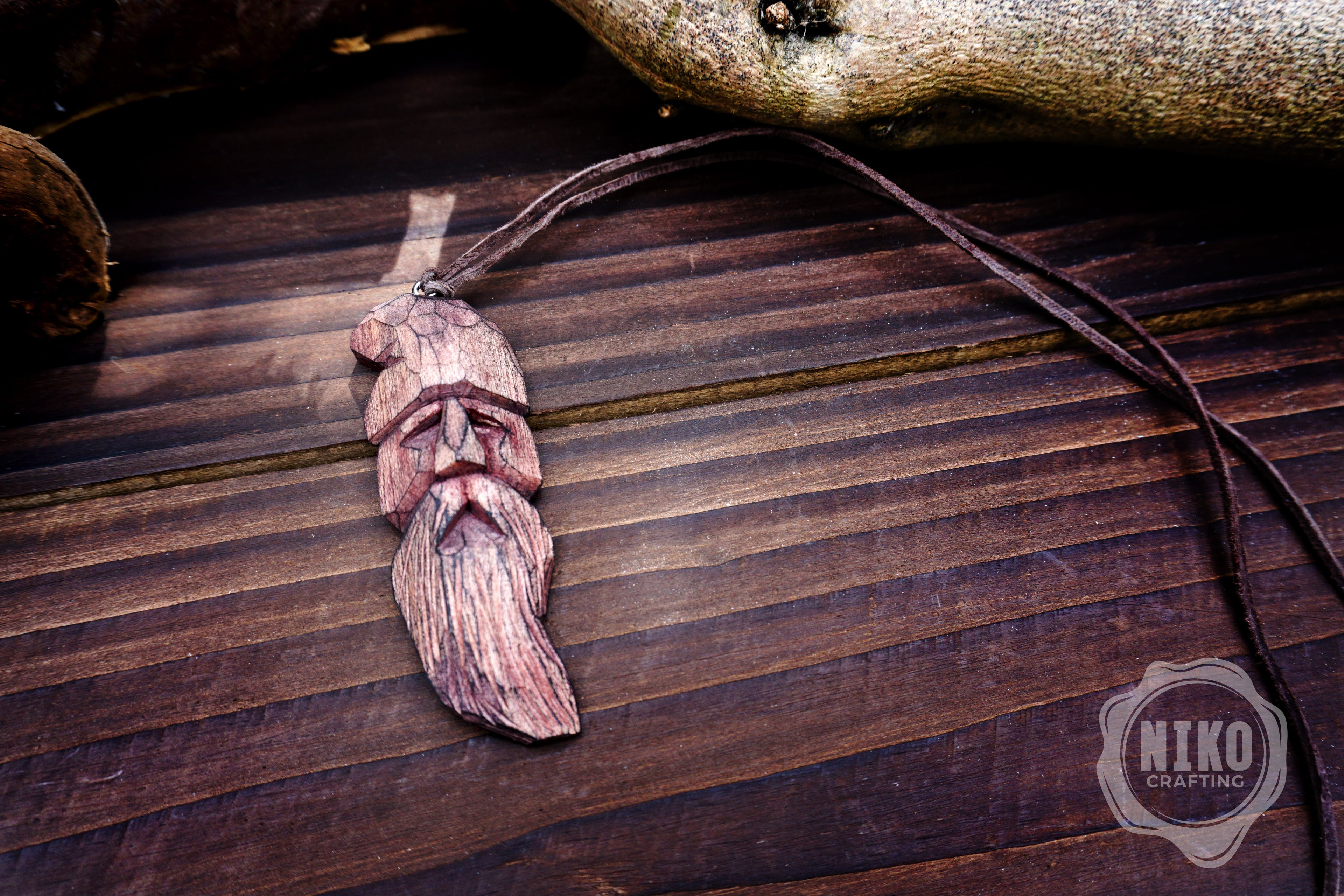 Hand-Carved Pendant - Norse Jewellery. Wooden Necklace on Leather Cord - Personalized whittling gift.