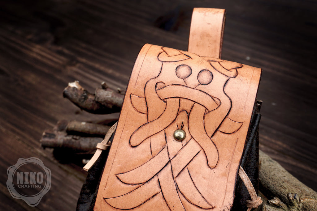 Handmade leather Viking Belt Pouch with "Aarhus Stone" Embossing - Medieval Hip-bag