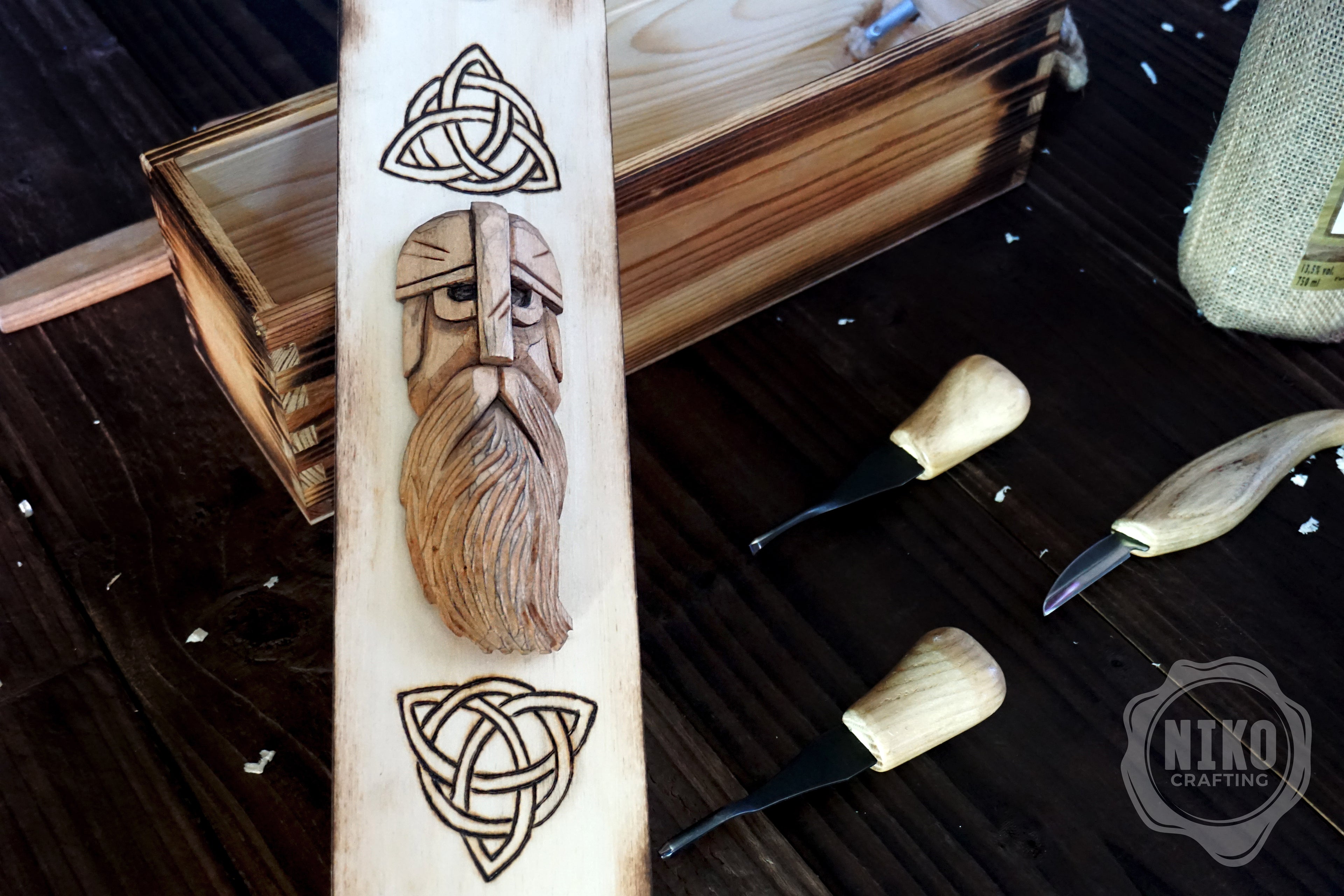 Handmade Wooden Wine Box - Carved Viking Warrior on Sliding Lid. Personalized Gift - Chest with Rope Handle & Pyrography