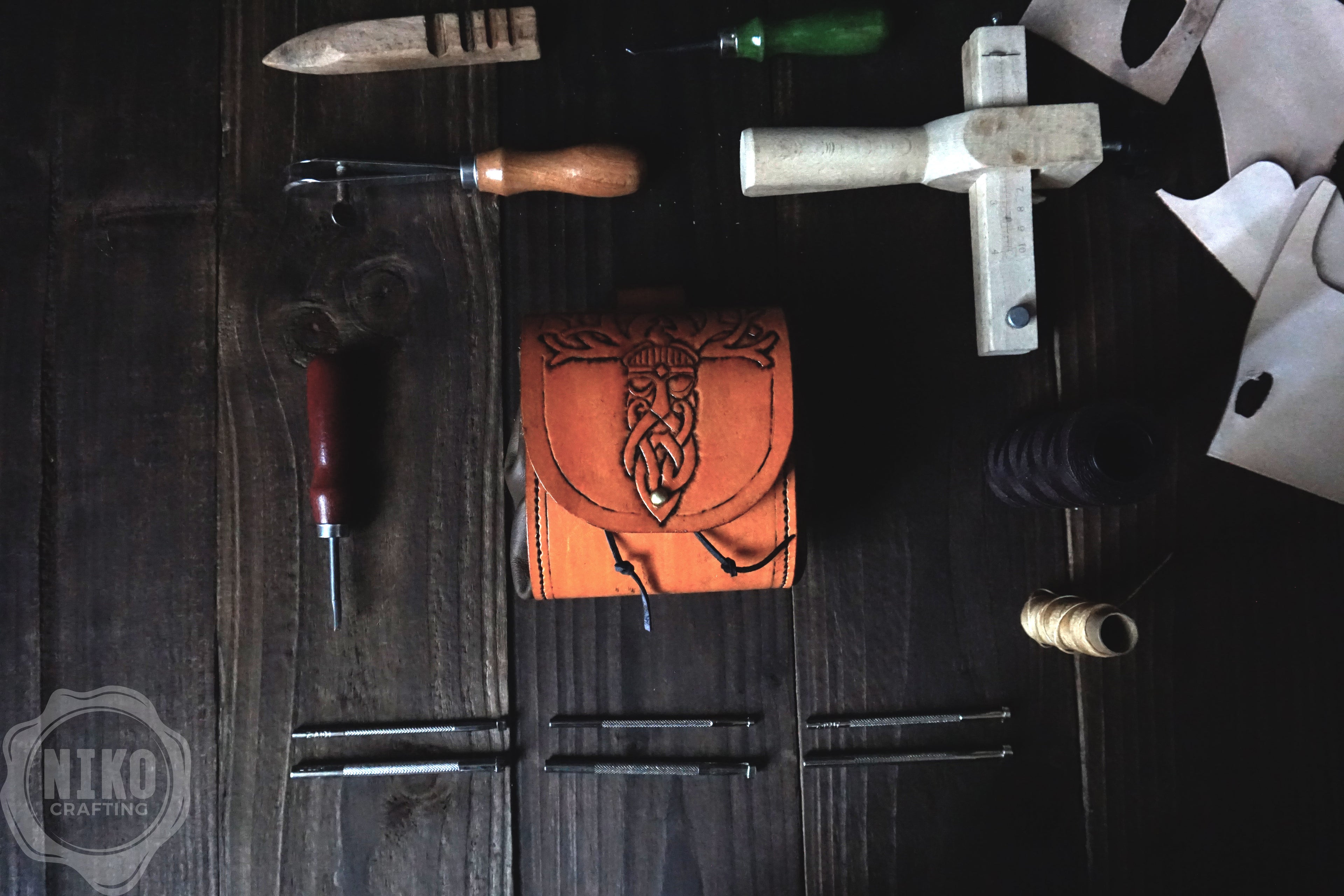 Handmade Viking Leather Pouch: Veles Embossing - Medieval, Pagan Hip-bag