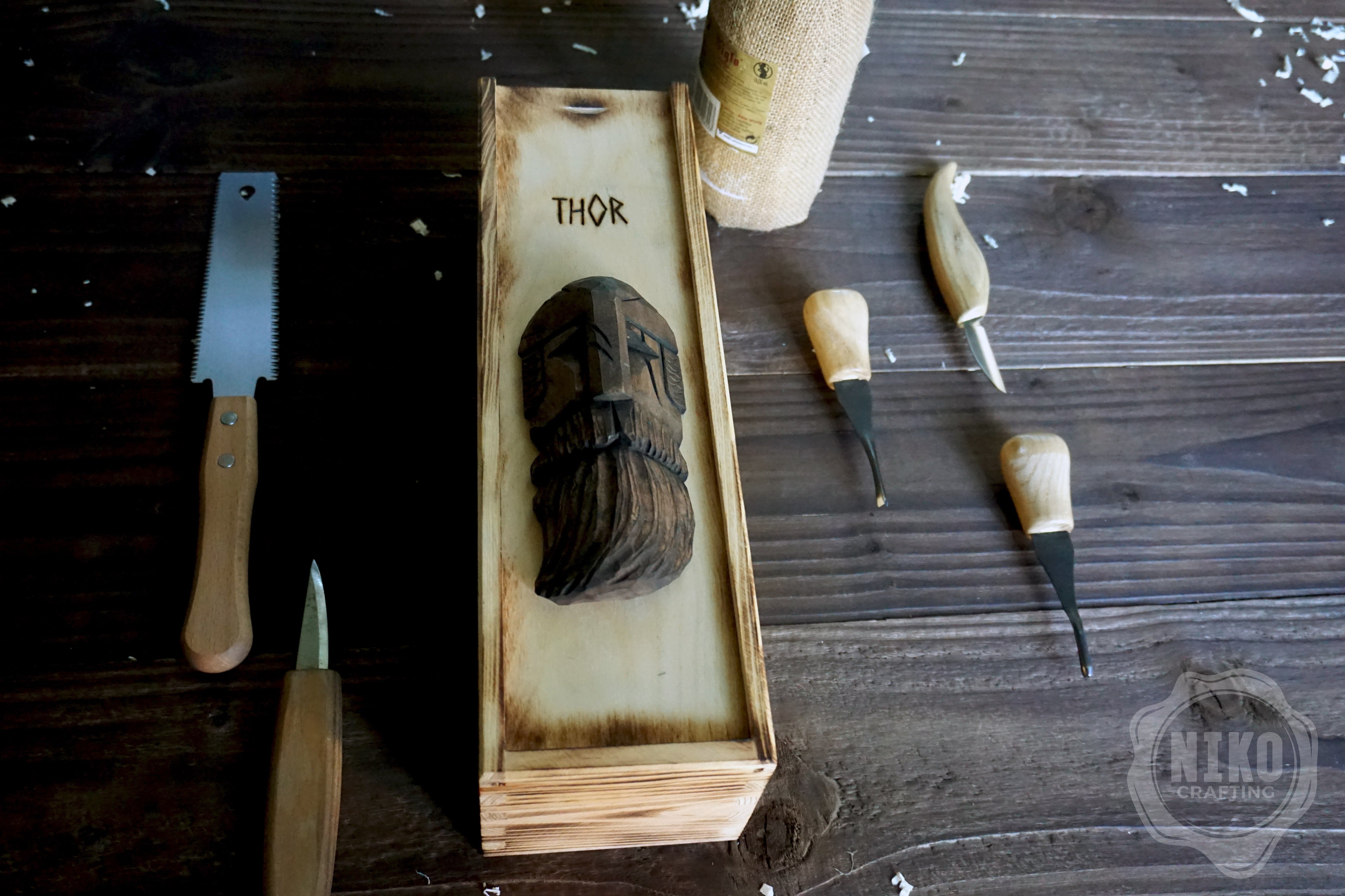Handmade Wooden Wine Box - Carved Thor on Sliding Lid. Personalized Viking Gift - Chest with Rope Handle & Pyrography