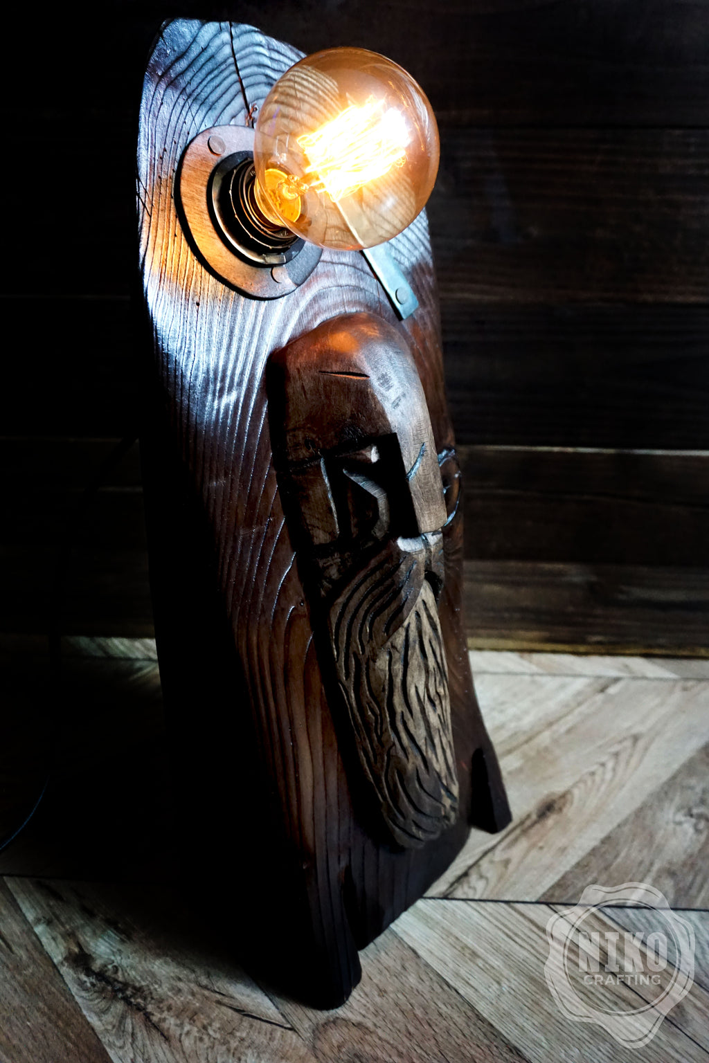 Handmade Wooden Viking Lamp – Pine Wood Base and Lime Wood Sculpture – Hand Carved