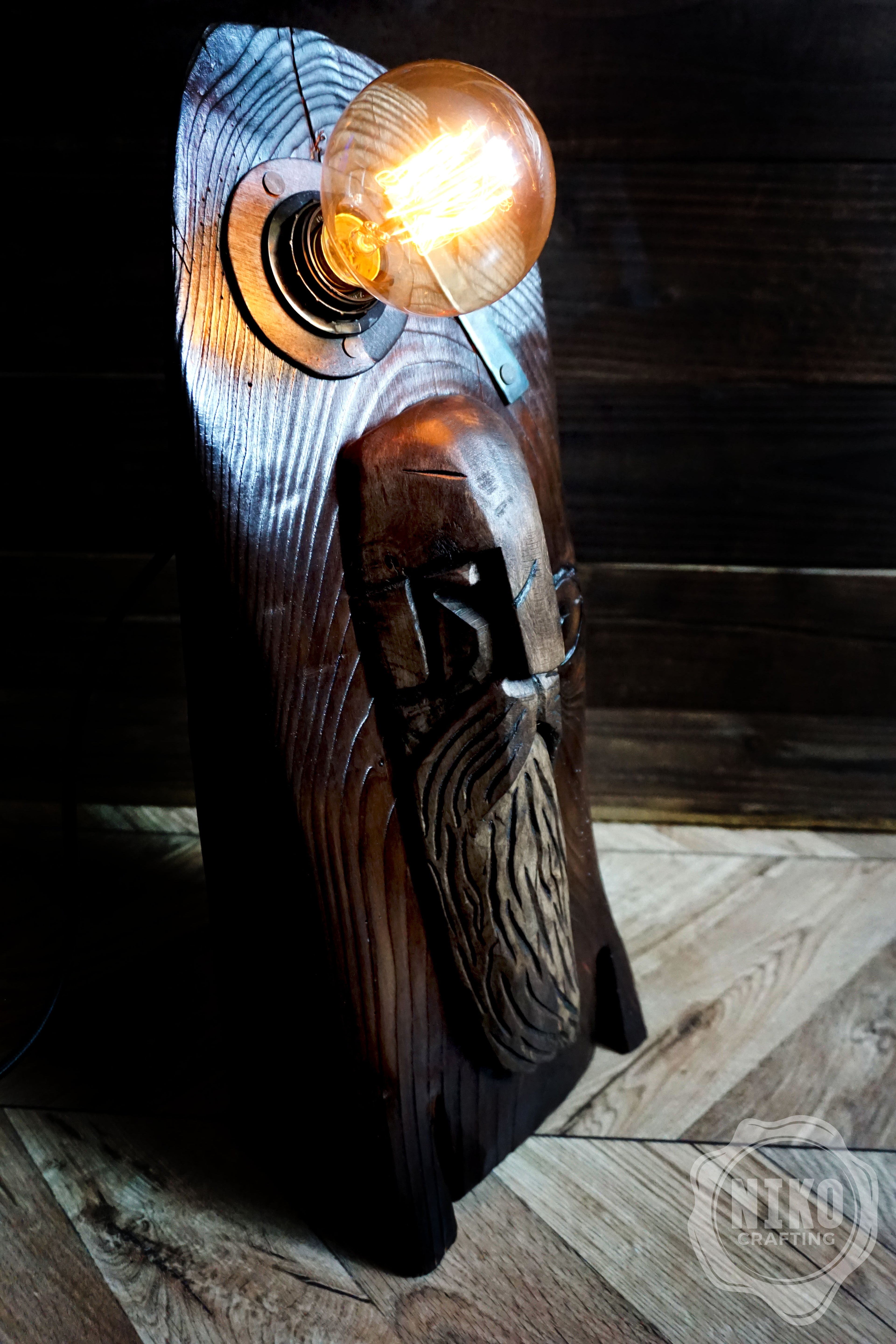 Handmade Wooden Viking Lamp – Pine Wood Base and Lime Wood Sculpture – Hand Carved