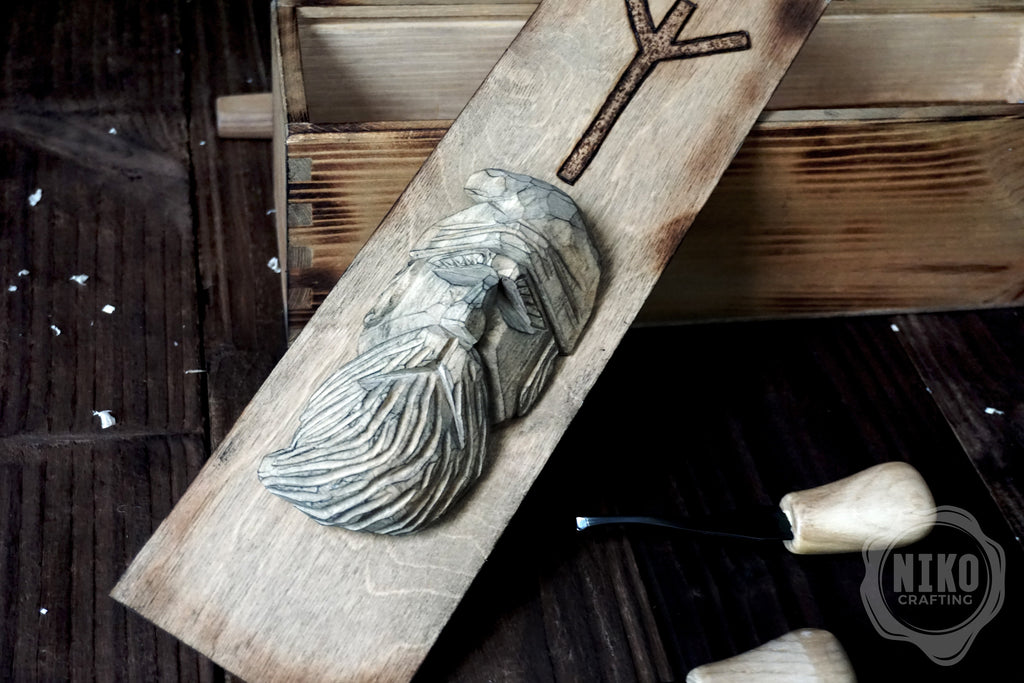 Handmade Wooden Wine Box - Carved Viking on Sliding Lid. Personalized Chest with Handle & Pyrography Rune of Protection