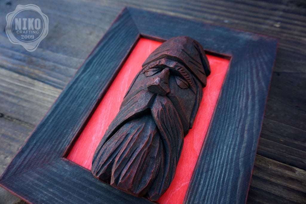 Hand Carved Black Viking in Frame - Personalized Rustic Home Decoration