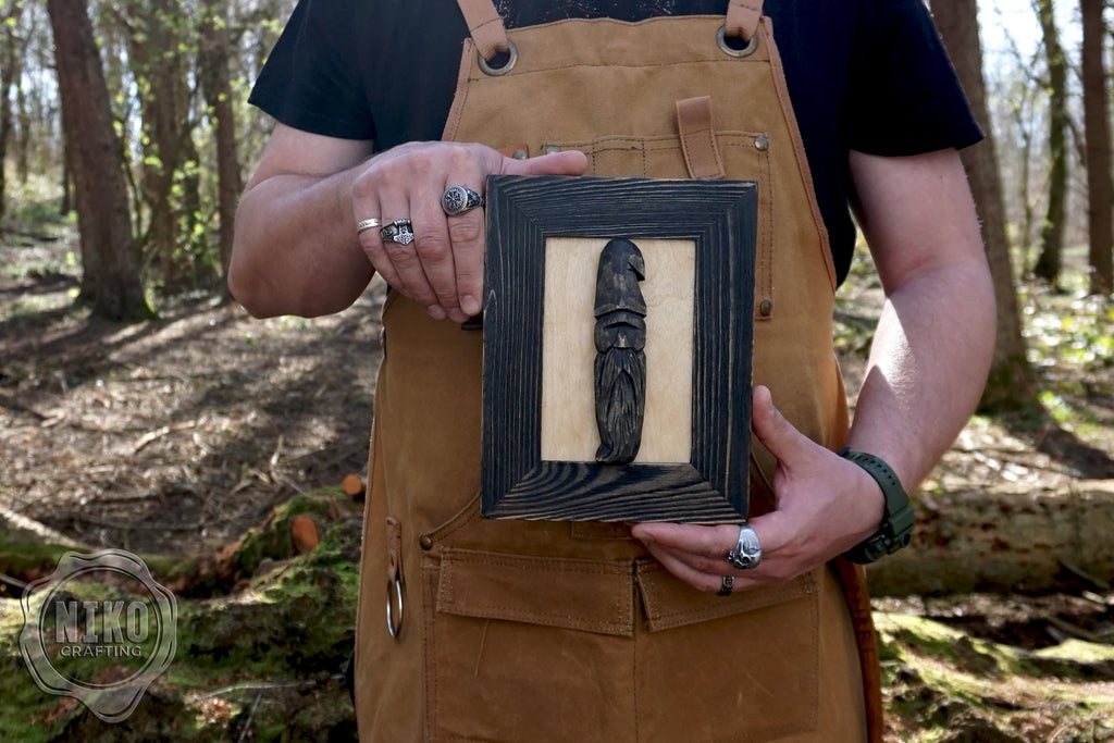 Hand - Carved Viking in Frame - Personalized Rustic Home Decoration – Handmade Wal Art - Black
