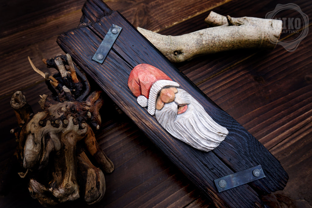 Hand-Carved Santa Claus Wall Art- Rustic Christmas Decoration. Personalised gift- B
