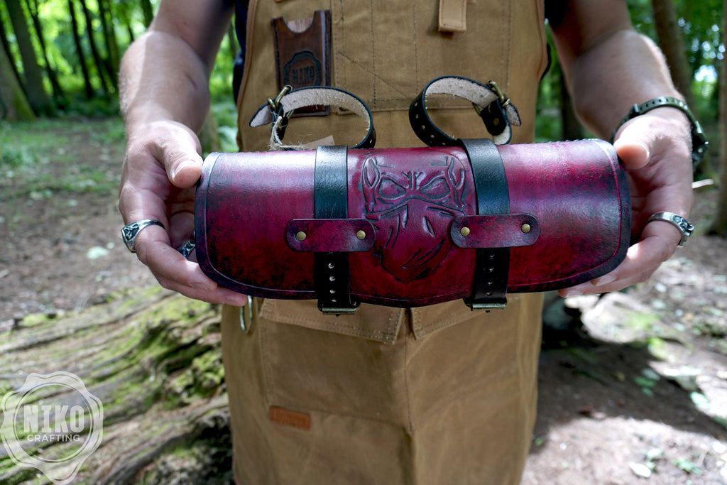 Handmade Leather Motorcycle Tool Roll Bag: Skull Design