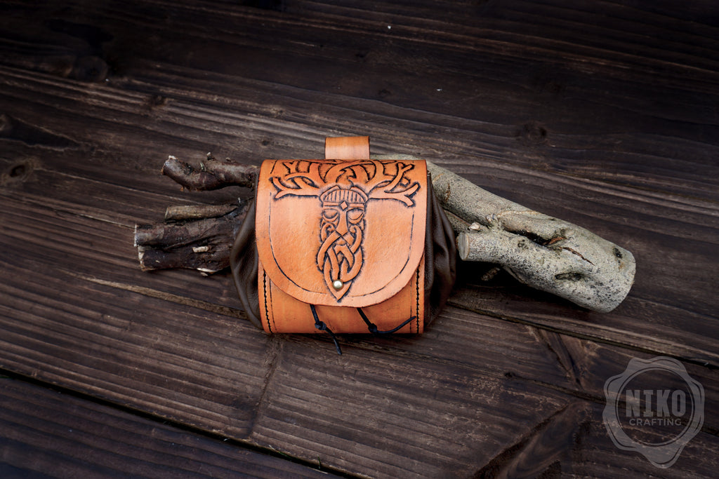 Handmade Viking Leather Pouch: Veles Embossing - Medieval, Pagan Hip-bag