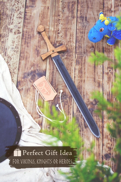 Personalised Wooden Sword for Kids – Handmade Medieval Knight Costume Toy with Leather Scabbard