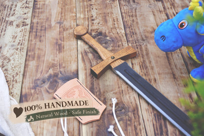 Personalised Wooden Sword for Kids – Handmade Medieval Knight Costume Toy with Leather Scabbard
