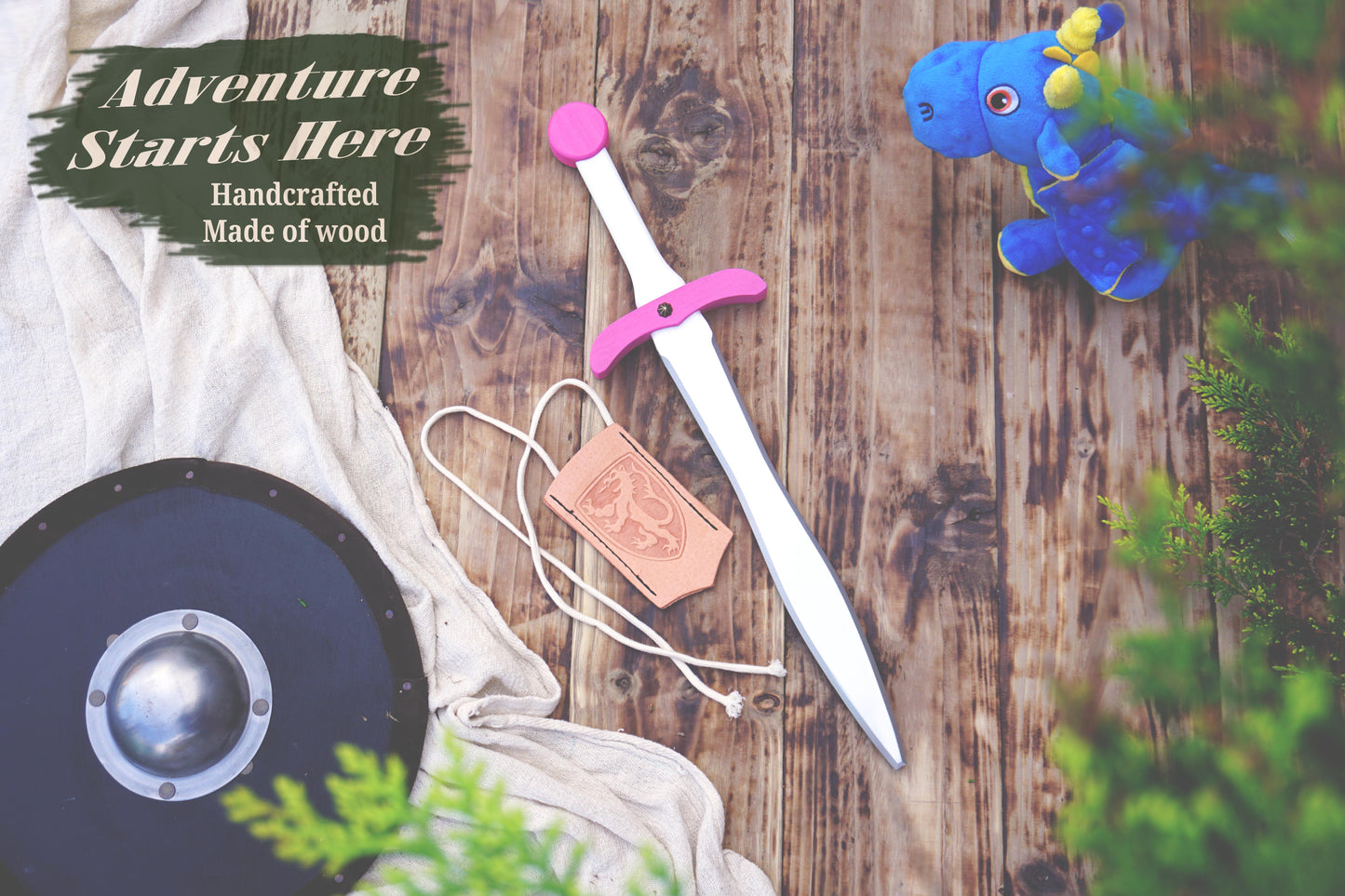 Pink Wooden Toy Sword with Leather Scabbard: Handmade, Personalised Gift