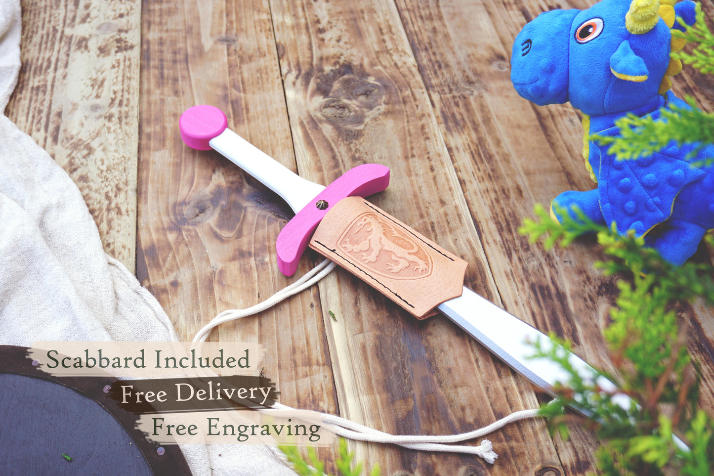 Pink Wooden Toy Sword with Leather Scabbard: Handmade, Personalised Gift