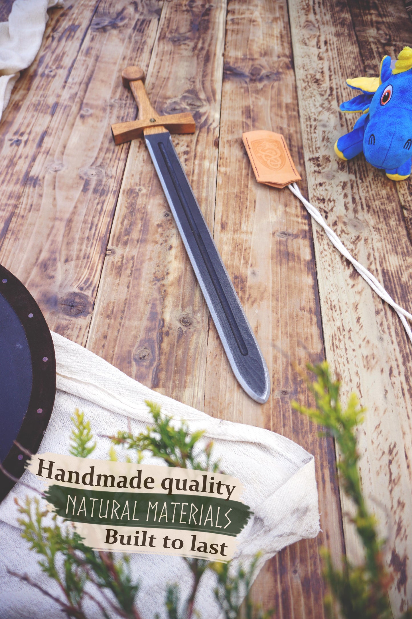 Personalised Wooden Sword for Kids – Handmade Medieval Knight Costume Toy with Leather Scabbard