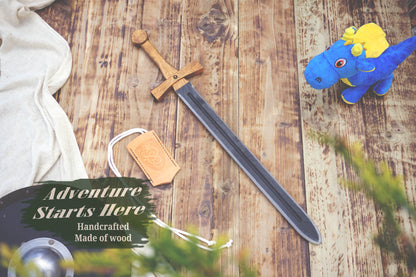 Personalised Wooden Sword for Kids – Handmade Medieval Knight Costume Toy with Leather Scabbard