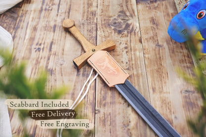 Personalised Wooden Sword for Kids – Handmade Medieval Knight Costume Toy with Leather Scabbard
