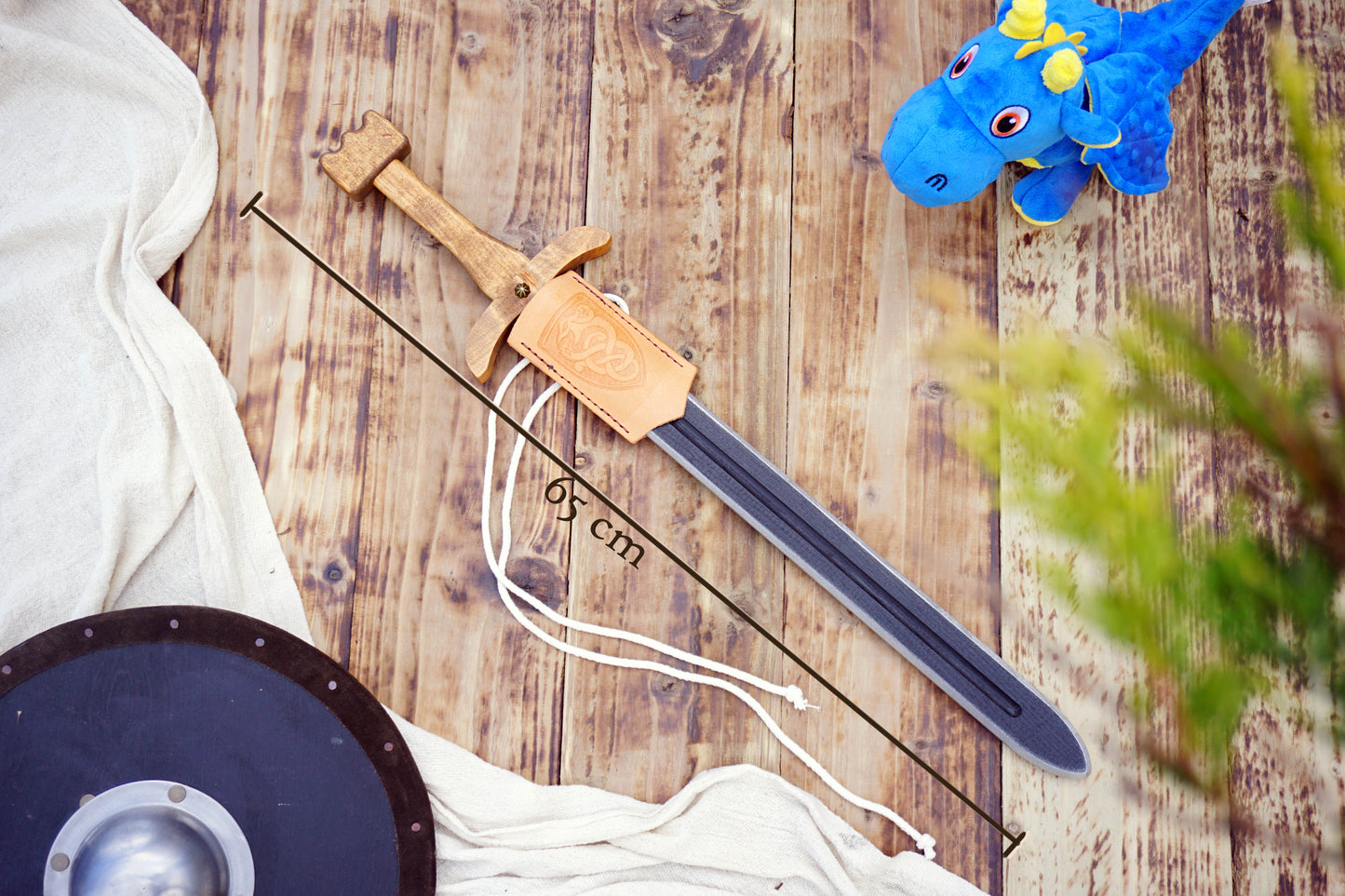 Wooden Viking Toy Sword with Leather Scabbard – Handmade, Personalised Toy - A