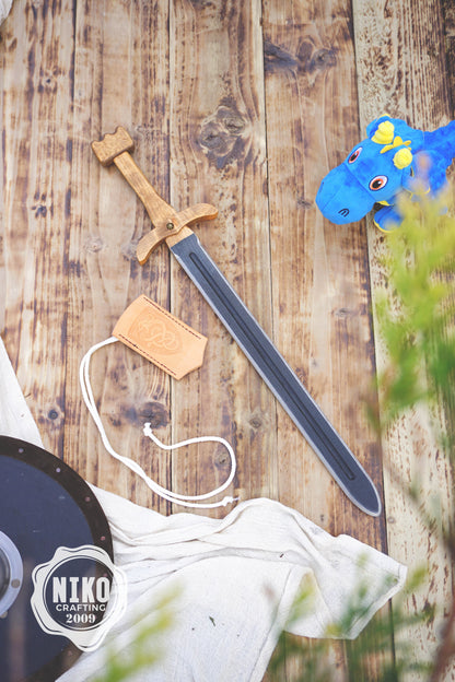 Wooden Toy Viking Sword and Round Shield Set: Handmade Personalised Gift - A