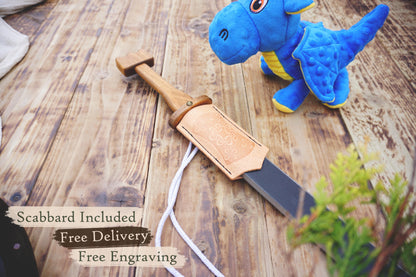 Wooden Viking swords - Langsax (Scramasax) - Handmade, Personalised Single edged toy Sword with Leather scabbard