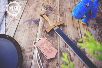 Personalised Wooden Sword for Kids – Handmade Medieval Knight Costume Toy with Leather Scabbard